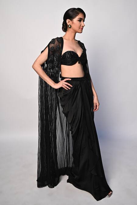 Shop_Rabiya Savlani_Black Satin, Tulle Beads, Embroidery Sweetheart , Open Cape Skirt Set _Online_at_Aza_Fashions