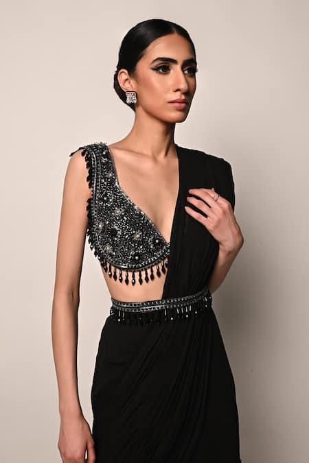 Shop_Rabiya Savlani_Black Georgette Embroidery, Beads V-neck Pre-stitched Saree With Blouse _Online_at_Aza_Fashions
