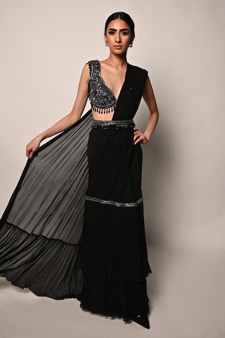 Rabiya Savlani Black Georgette Embroidery, Beads V-neck Pre-stitched Saree With Blouse 