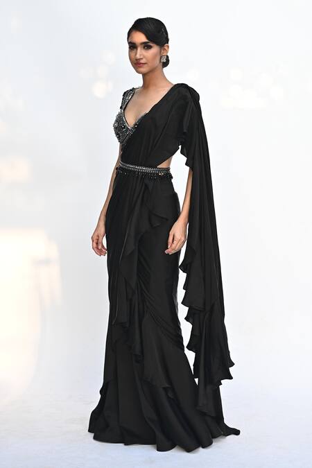 Rabiya Savlani_Black Satin, Tulle Beads, Sequins Scoop Embroidered Gharara Saree With Blouse _Online_at_Aza_Fashions