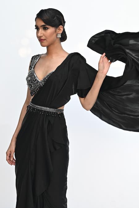 Buy_Rabiya Savlani_Black Satin, Tulle Beads, Sequins Scoop Embroidered Gharara Saree With Blouse _Online_at_Aza_Fashions