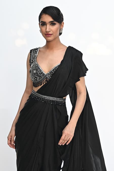 Shop_Rabiya Savlani_Black Satin, Tulle Beads, Sequins Scoop Embroidered Gharara Saree With Blouse _Online_at_Aza_Fashions