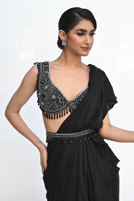 Rabiya Savlani_Black Satin, Tulle Beads, Sequins Scoop Embroidered Gharara Saree With Blouse _at_Aza_Fashions