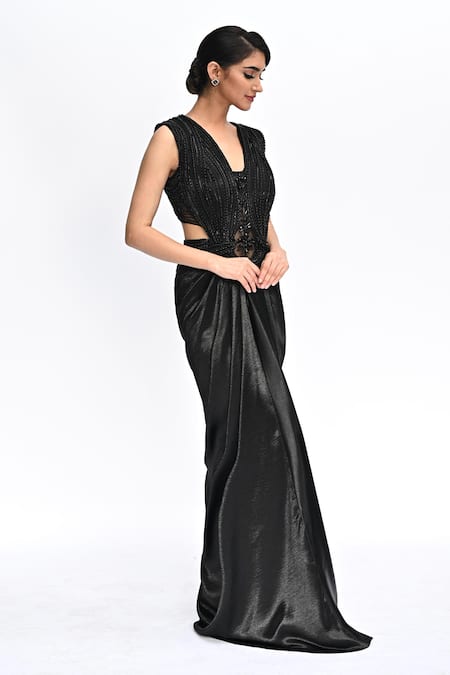 Rabiya Savlani_Black Satin, Tulle Embroidery V-neck Sculpted Saree Gown _Online_at_Aza_Fashions