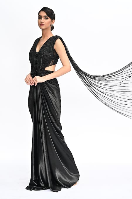 Buy_Rabiya Savlani_Black Satin, Tulle Embroidery V-neck Sculpted Saree Gown _Online_at_Aza_Fashions