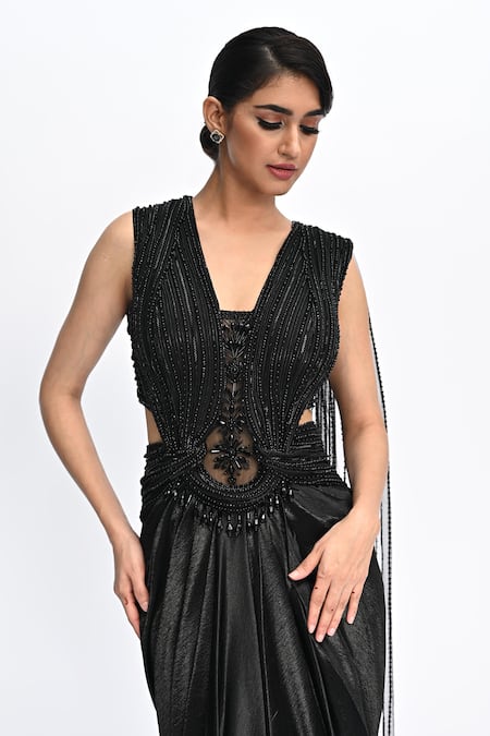 Shop_Rabiya Savlani_Black Satin, Tulle Embroidery V-neck Sculpted Saree Gown _Online_at_Aza_Fashions