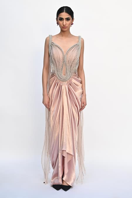 Rabiya Savlani Sculpted Peach Embroidered Saree Gown 