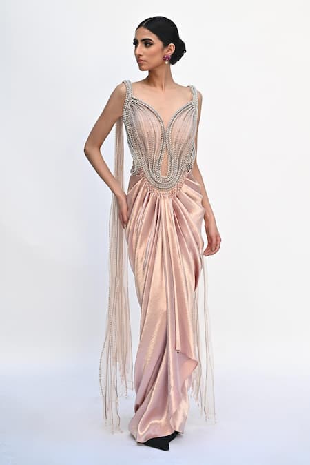 Rabiya Savlani Peach Satin, Tulle Beads V-neck Sculpted Embroidered Saree Gown 
