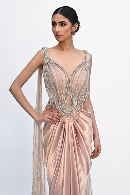 Buy_Rabiya Savlani_Peach Satin, Tulle Beads V-neck Sculpted Embroidered Saree Gown _Online_at_Aza_Fashions