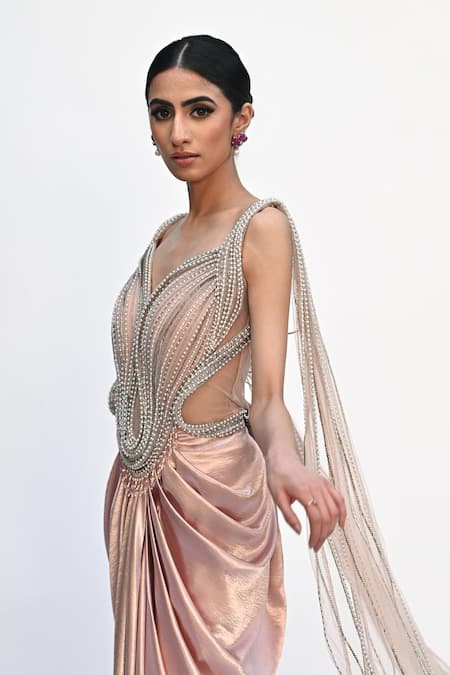 Shop_Rabiya Savlani_Peach Satin, Tulle Beads V-neck Sculpted Embroidered Saree Gown _Online_at_Aza_Fashions