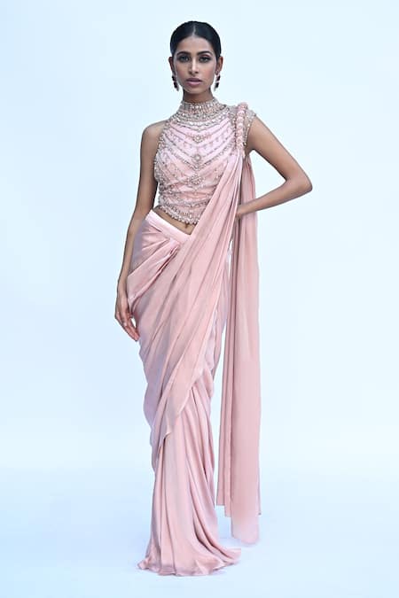 Rabiya Savlani Peach Satin, Tulle Sequins, Beads Round Pre-draped Saree With Embroidered Blouse 