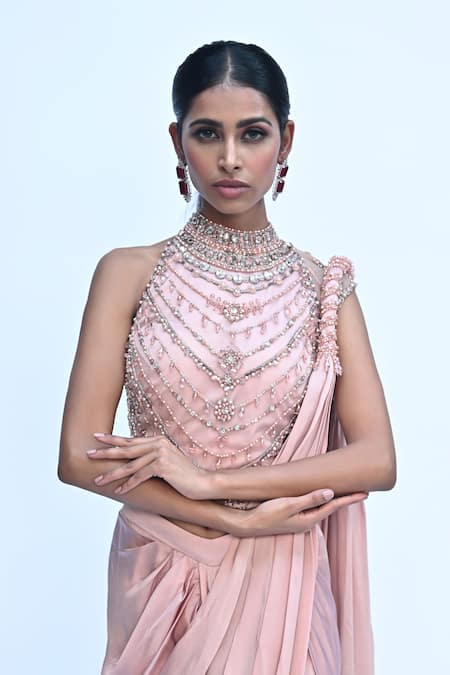 Rabiya Savlani_Peach Satin, Tulle Sequins, Beads Round Pre-draped Saree With Embroidered Blouse _Online_at_Aza_Fashions