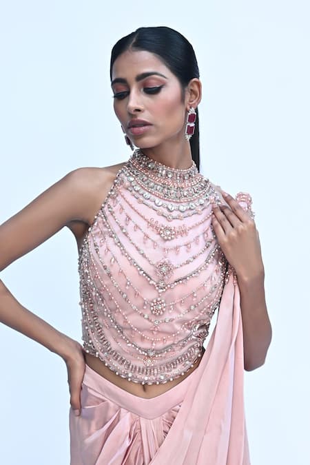 Buy_Rabiya Savlani_Peach Satin, Tulle Sequins, Beads Round Pre-draped Saree With Embroidered Blouse _Online_at_Aza_Fashions