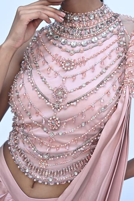 Rabiya Savlani_Peach Satin, Tulle Sequins, Beads Round Pre-draped Saree With Embroidered Blouse _at_Aza_Fashions