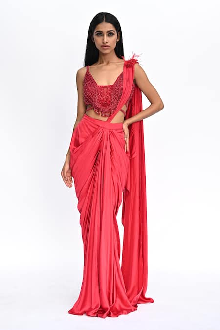 Rabiya Savlani Red Satin, Tulle Beads Scoop Pre-draped Saree With Embroidered Sculpted Blouse 