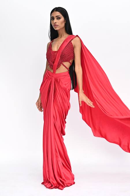 Buy_Rabiya Savlani_Red Satin, Tulle Beads Scoop Pre-draped Saree With Embroidered Sculpted Blouse _Online_at_Aza_Fashions