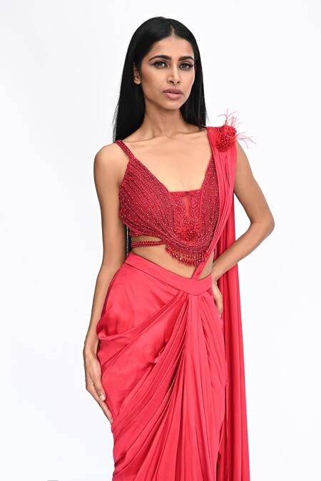 Shop_Rabiya Savlani_Red Satin, Tulle Beads Scoop Pre-draped Saree With Embroidered Sculpted Blouse _Online_at_Aza_Fashions