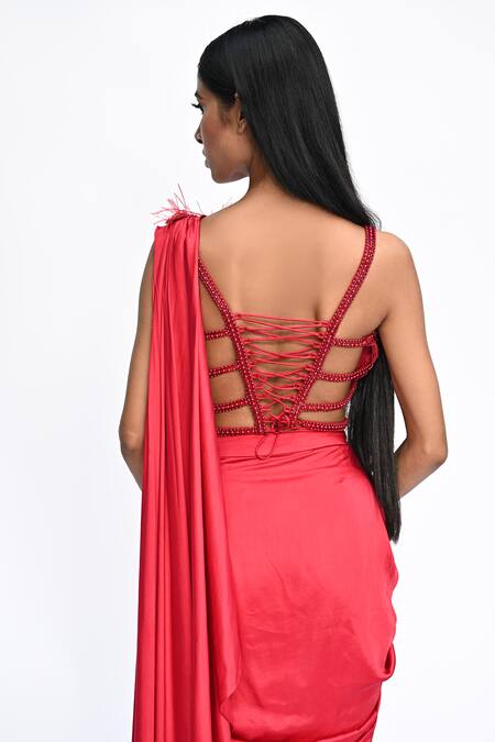 Rabiya Savlani_Red Satin, Tulle Beads Scoop Pre-draped Saree With Embroidered Sculpted Blouse _at_Aza_Fashions