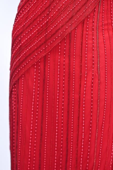 Buy_Rabiya Savlani_Red Satin, Tulle Embroidery, Beads Sweetheart One Shoulder Top With Lehenga _Online_at_Aza_Fashions