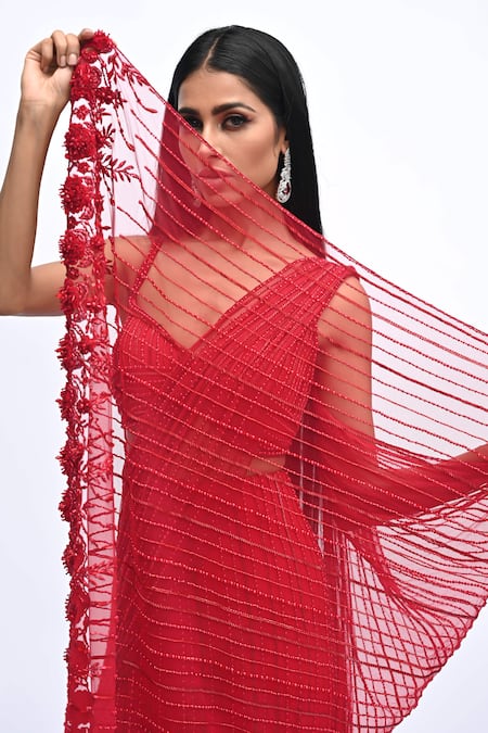 Rabiya Savlani_Red Satin, Tulle Embroidery, Beads Sweetheart One Shoulder Top With Lehenga _at_Aza_Fashions