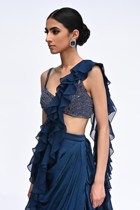 Rabiya Savlani_Blue Georgette Beads Round Neck Ruffle Pre-draped Saree With Blouse _Online_at_Aza_Fashions