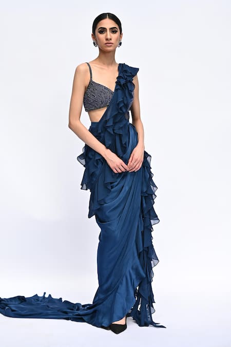 Buy_Rabiya Savlani_Blue Georgette Beads Round Neck Ruffle Pre-draped Saree With Blouse _Online_at_Aza_Fashions
