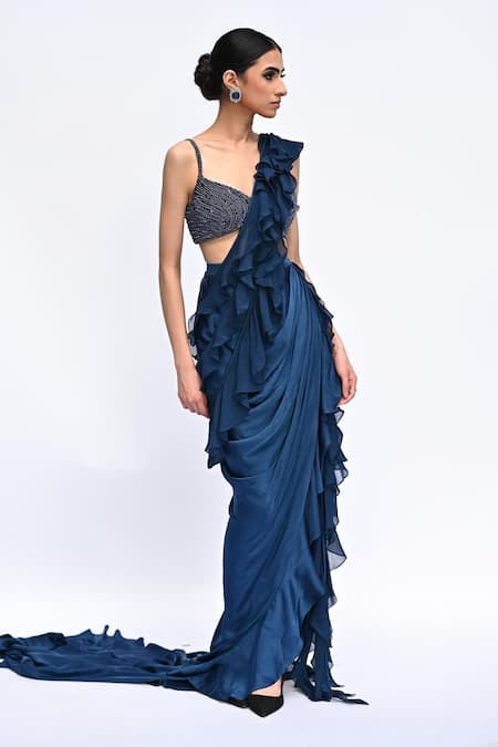 Shop_Rabiya Savlani_Blue Georgette Beads Round Neck Ruffle Pre-draped Saree With Blouse _Online_at_Aza_Fashions