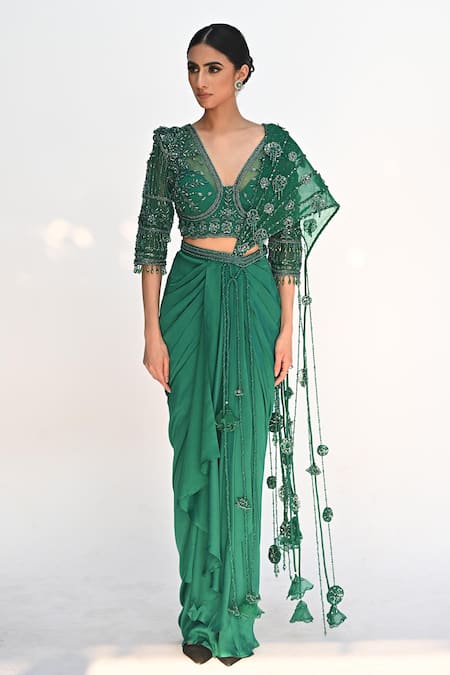 Rabiya Savlani_Green Satin, Tulle Beads, Sequins, Embroidery Dhoti Skirt Saree With Blouse _Online_at_Aza_Fashions