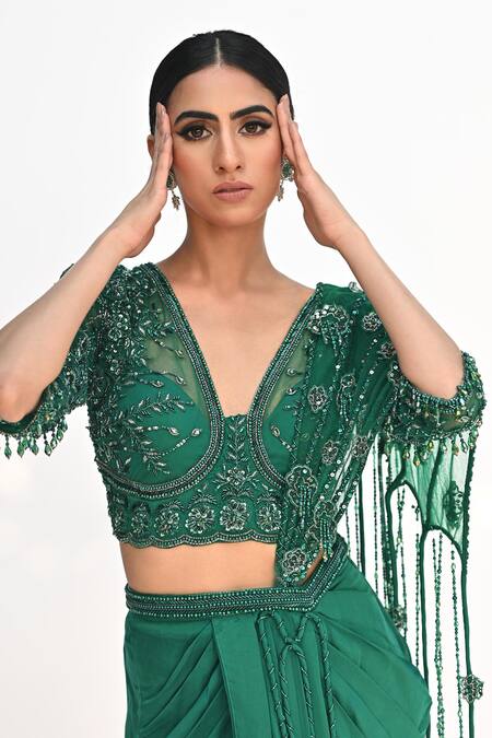 Shop Rabiya Savlani Green Satin, Tulle Beads, Sequins, Embroidery Dhoti Skirt Saree With Blouse Online at Aza Fashions Shop_Rabiya Savlani_Green Satin, Tulle Beads, Sequins, Embroidery Dhoti Skirt Saree With Blouse _Online_at_Aza_Fashions