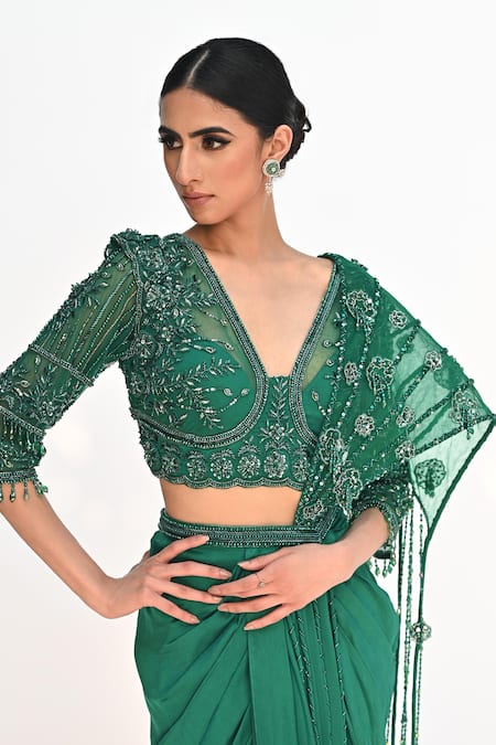Rabiya Savlani_Green Satin, Tulle Beads, Sequins, Embroidery Dhoti Skirt Saree With Blouse _at_Aza_Fashions