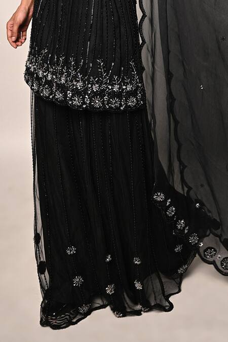 Rabiya Savlani_Black Satin, Tulle Embroidery V-neck Kurta Gharara Set _Online_at_Aza_Fashions