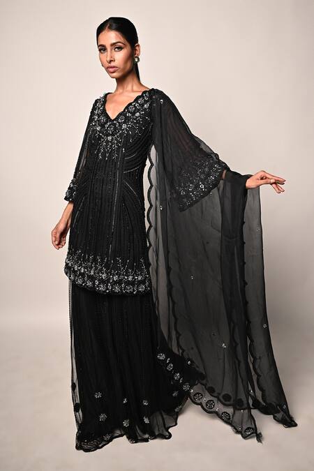 Buy_Rabiya Savlani_Black Satin, Tulle Embroidery V-neck Kurta Gharara Set _Online_at_Aza_Fashions