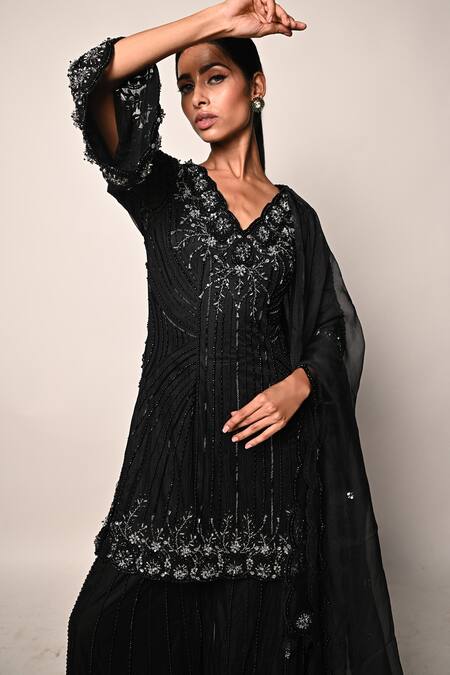 Shop_Rabiya Savlani_Black Satin, Tulle Embroidery V-neck Kurta Gharara Set _Online_at_Aza_Fashions