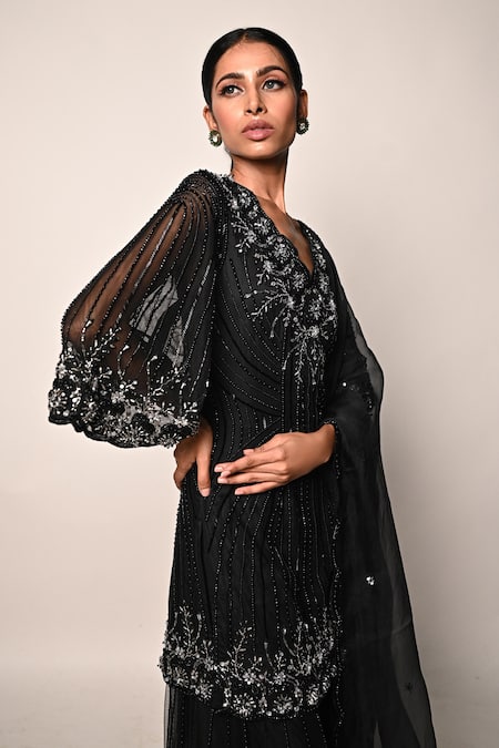 Rabiya Savlani_Black Satin, Tulle Embroidery V-neck Kurta Gharara Set _at_Aza_Fashions