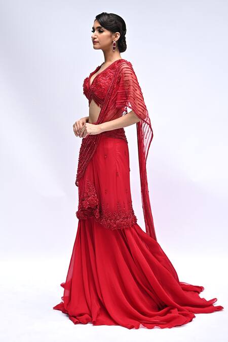 Rabiya Savlani_Red Satin, Tulle Beads, Embroidery V-neck Pre-draped Saree With Blouse _Online_at_Aza_Fashions