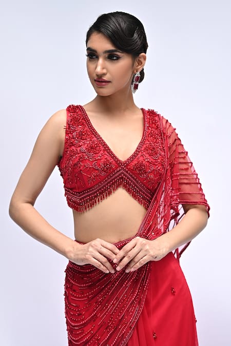 Buy_Rabiya Savlani_Red Satin, Tulle Beads, Embroidery V-neck Pre-draped Saree With Blouse _Online_at_Aza_Fashions