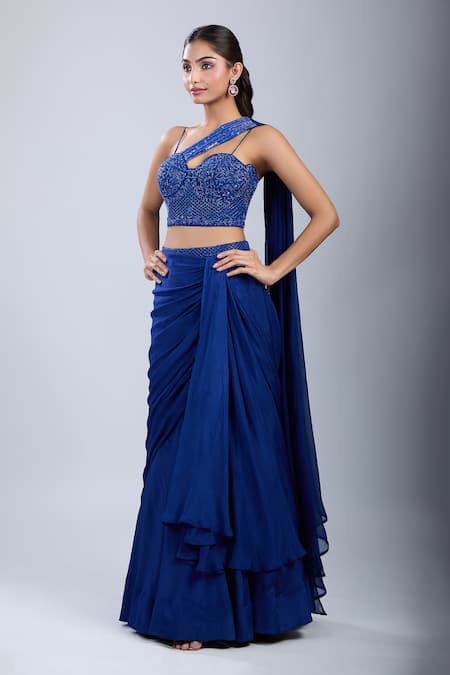 Samyukta Singhania_Blue Chinon Embroidery Sweetheart Neck Embellished Blouse With Draped Skirt _at_Aza_Fashions