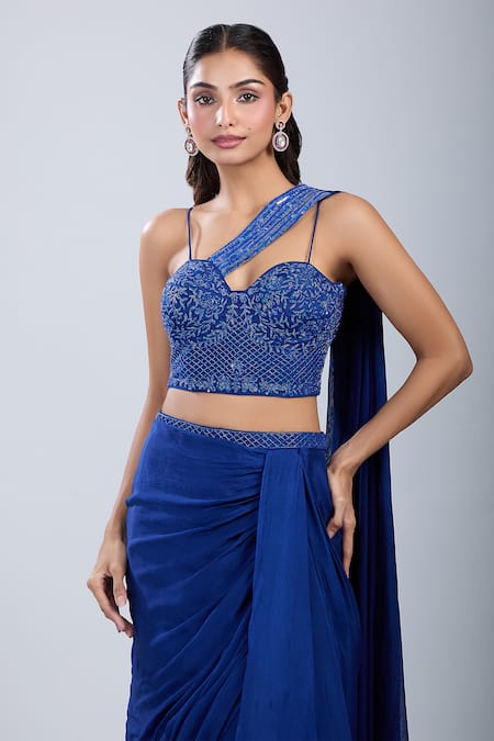 Buy_Samyukta Singhania_Blue Chinon Embroidery Sweetheart Neck Embellished Blouse With Draped Skirt 