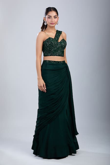 Buy_Samyukta Singhania_Green Chinon Embroidery Sweetheart Neck Embellished Blouse With Draped Skirt _Online_at_Aza_Fashions