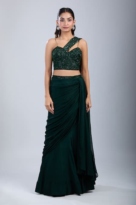 Shop_Samyukta Singhania_Green Chinon Embroidery Sweetheart Neck Embellished Blouse With Draped Skirt _Online_at_Aza_Fashions
