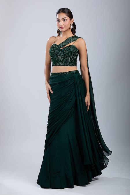 Samyukta Singhania Green Chinon Embroidery Sweetheart Neck Embellished Blouse With Draped Skirt