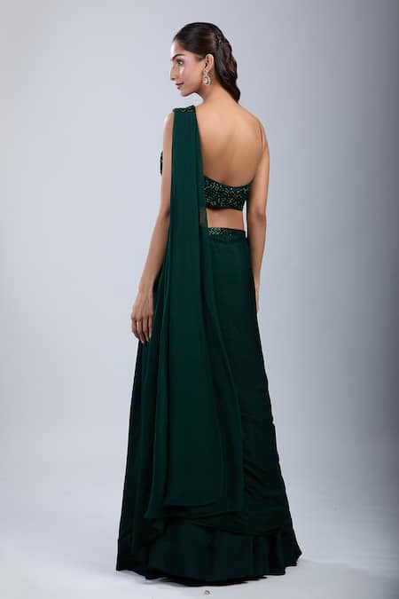 Samyukta Singhania_Green Chinon Embroidery Sweetheart Neck Embellished Blouse With Draped Skirt _Online_at_Aza_Fashions