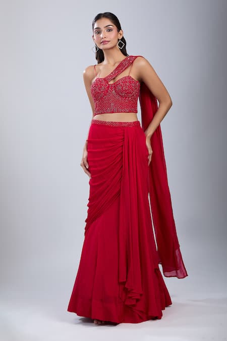 Buy Samyukta Singhania Red Chinon Cut Work, Embroidery Cutdana Embellished Blouse With Draped Skirt Online at Aza Fashions Buy_Samyukta Singhania_Red Chinon Cut Work, Embroidery Cutdana Embellished Blouse With Draped Skirt _Online_at_Aza_Fashions