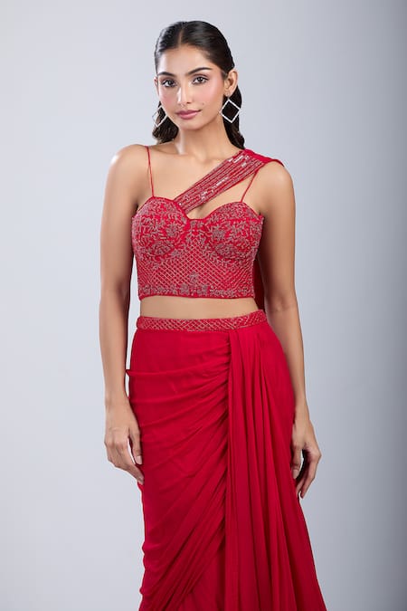Shop Samyukta Singhania Red Chinon Cut Work, Embroidery Cutdana Embellished Blouse With Draped Skirt Online at Aza Fashions Shop_Samyukta Singhania_Red Chinon Cut Work, Embroidery Cutdana Embellished Blouse With Draped Skirt _Online_at_Aza_Fashions