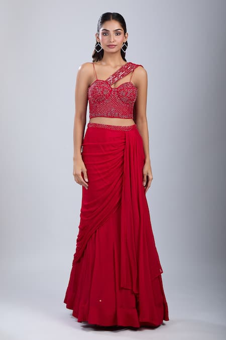 Samyukta Singhania Red Chinon Cut Work, Embroidery Cutdana Embellished Blouse With Draped Skirt at Aza Fashions Samyukta Singhania_Red Chinon Cut Work, Embroidery Cutdana Embellished Blouse With Draped Skirt _at_Aza_Fashions