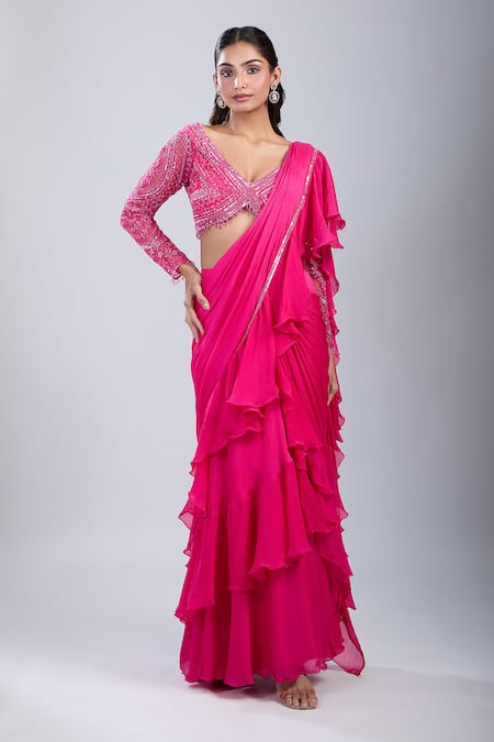 Samyukta Singhania Embellished Blouse With Ruffled Pre-Draped Saree 