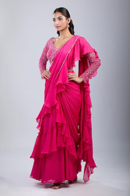 Samyukta Singhania_Pink Chinon Embroidery, Cut Embellished Blouse With Ruffled Pre-draped Saree _at_Aza_Fashions