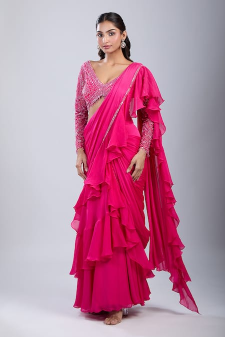Buy_Samyukta Singhania_Pink Chinon Embroidery, Cut Embellished Blouse With Ruffled Pre-draped Saree 