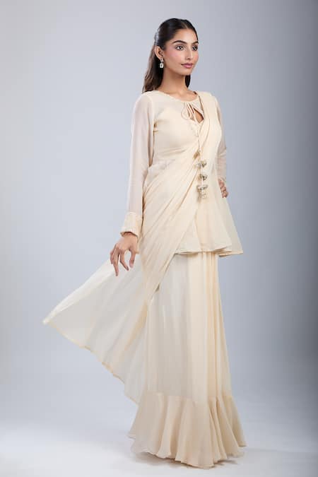 Shop Samyukta Singhania Beige Chinon, Tissue Beads V-neck, Embellished Jacket And Pre-draped Saree Set Online at Aza Fashions Shop_Samyukta Singhania_Beige Chinon, Tissue Beads V-neck, Embellished Jacket And Pre-draped Saree Set _Online_at_Aza_Fashions
