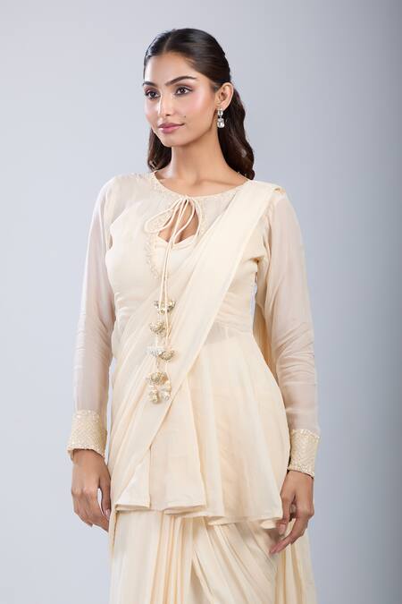 Samyukta Singhania Beige Chinon, Tissue Beads V-neck, Embellished Jacket And Pre-draped Saree Set at Aza Fashions Samyukta Singhania_Beige Chinon, Tissue Beads V-neck, Embellished Jacket And Pre-draped Saree Set _at_Aza_Fashions